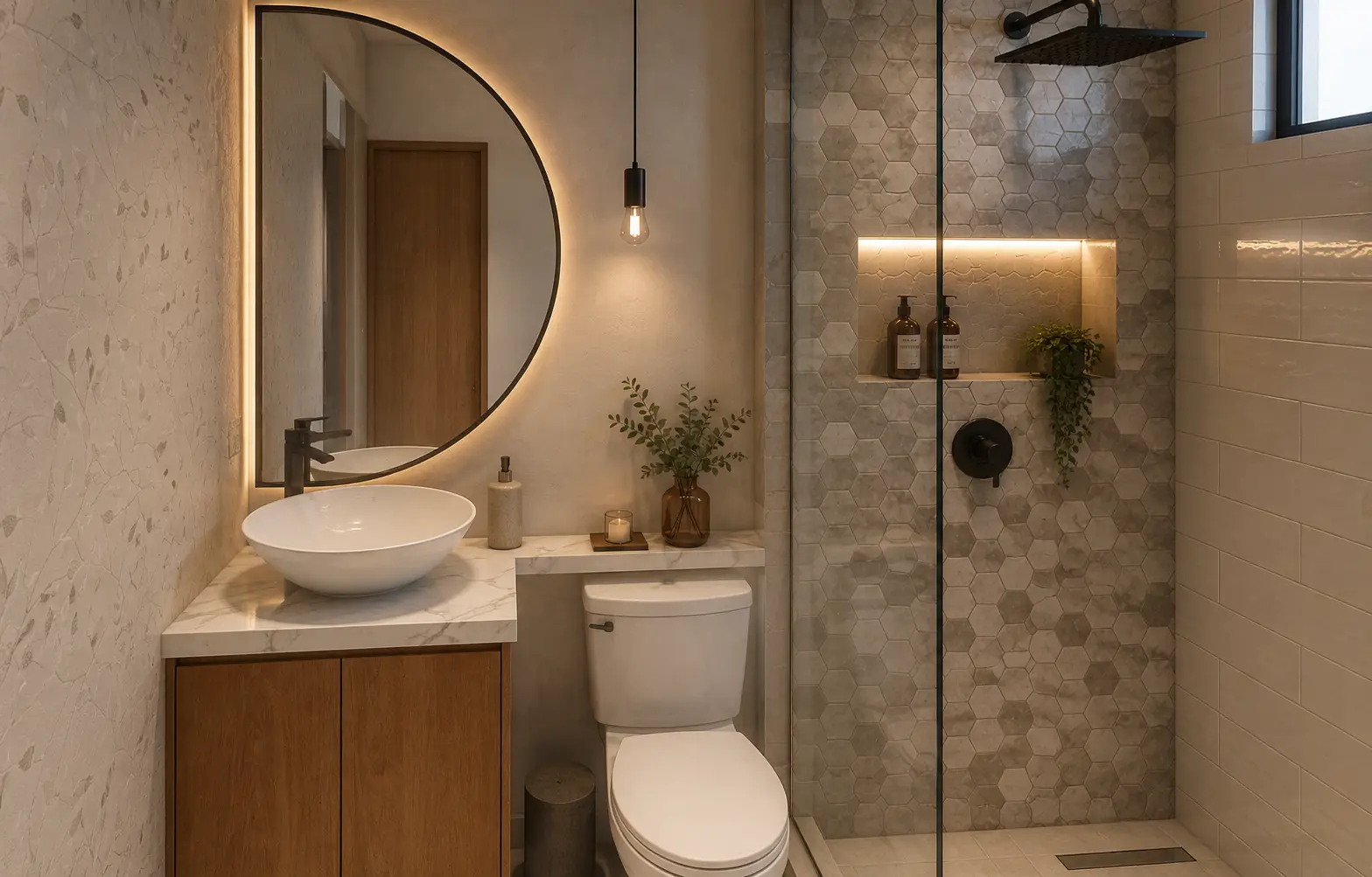 Baño del apartamento VIS con espejo circular y ducha en microcemento