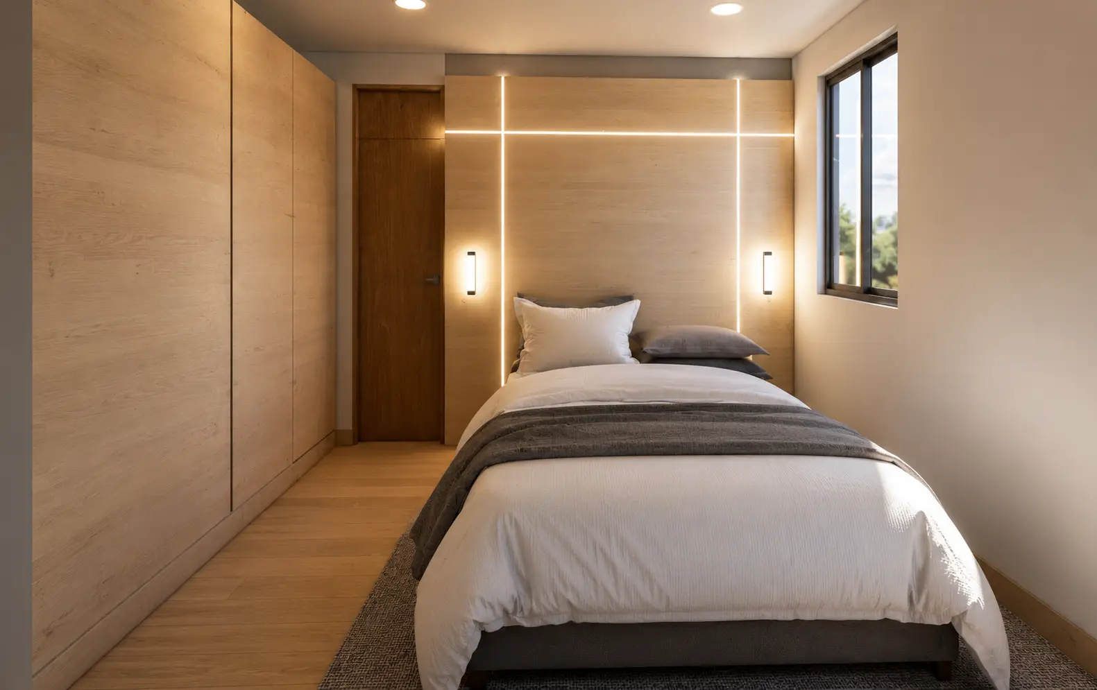 Dormitorio principal con panelería en madera detrás del cabecero