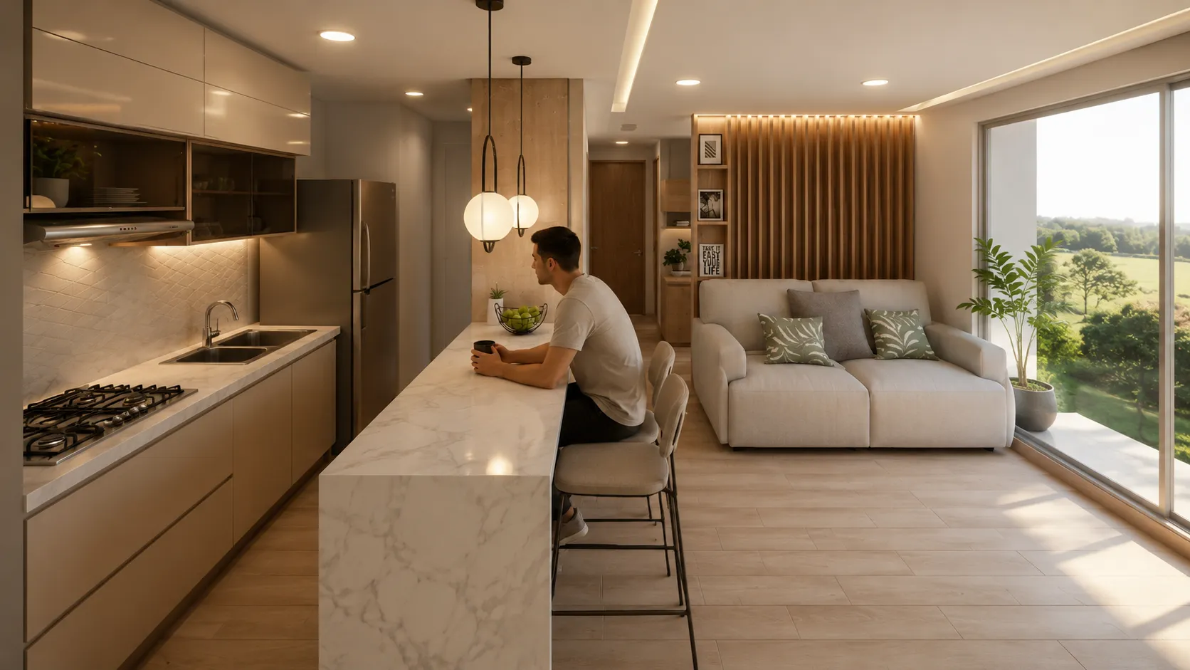 Cocina con isla y zona social integrada del apartamento VIS