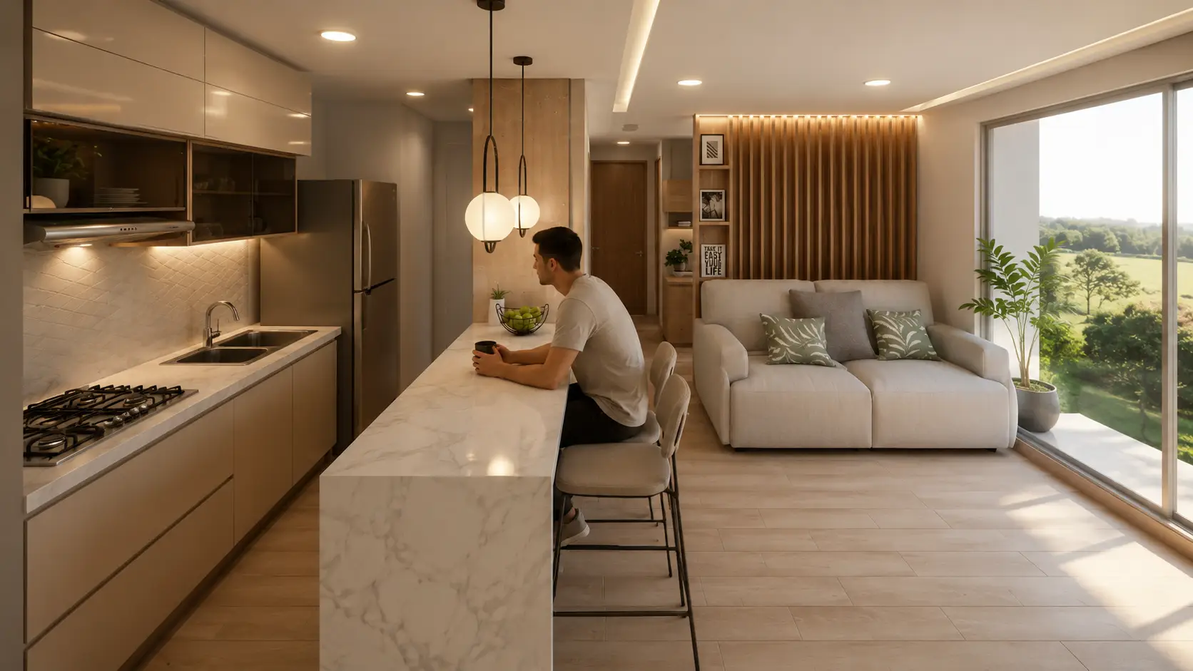 Cocina con isla y zona social integrada del apartamento VIS