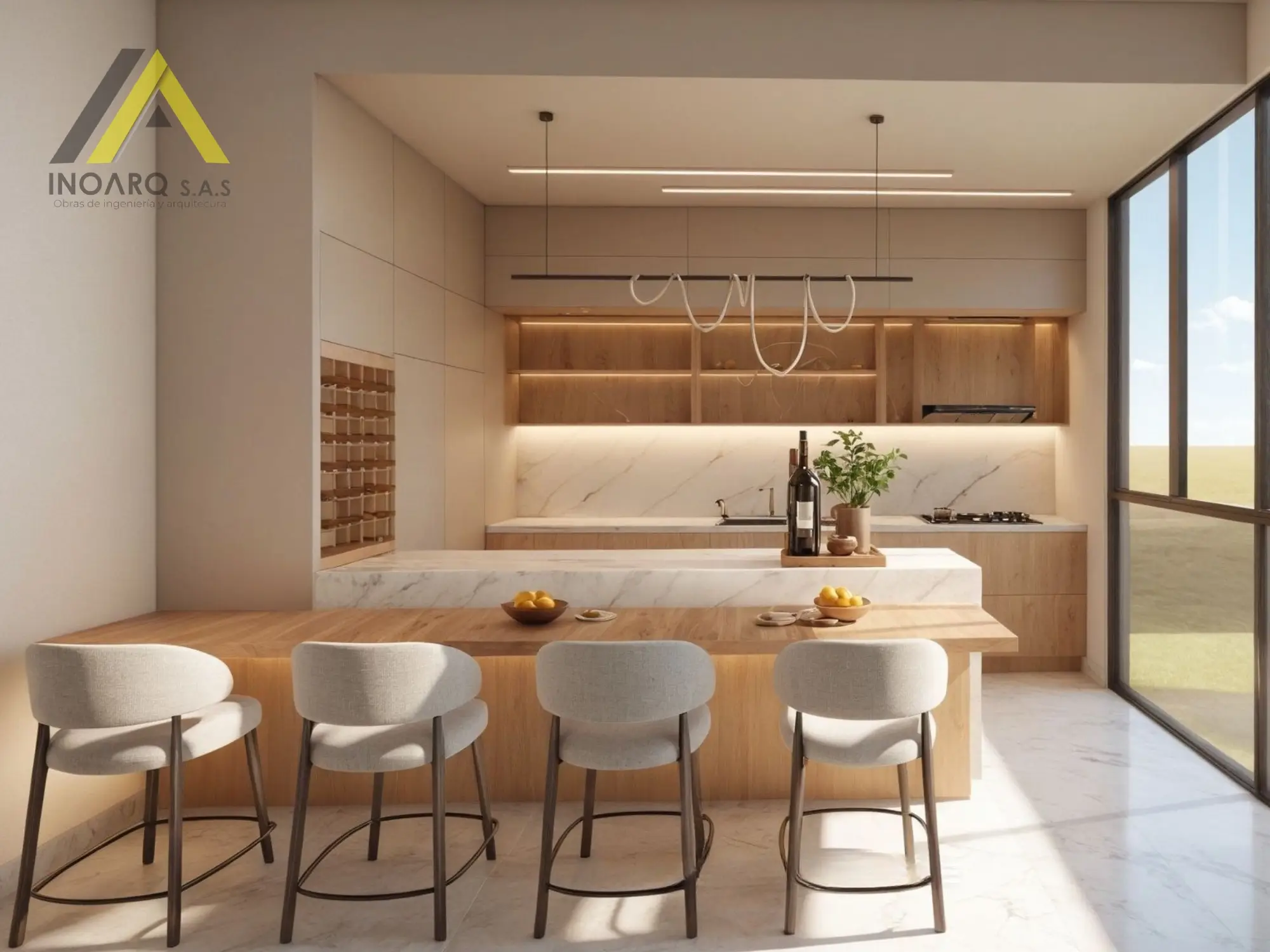 Cocina abierta en mármol y roble con isla y barra de desayuno
