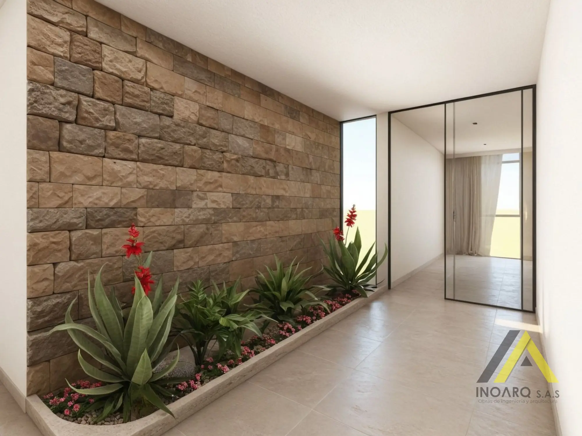 Corredor exterior con muro en piedra natural