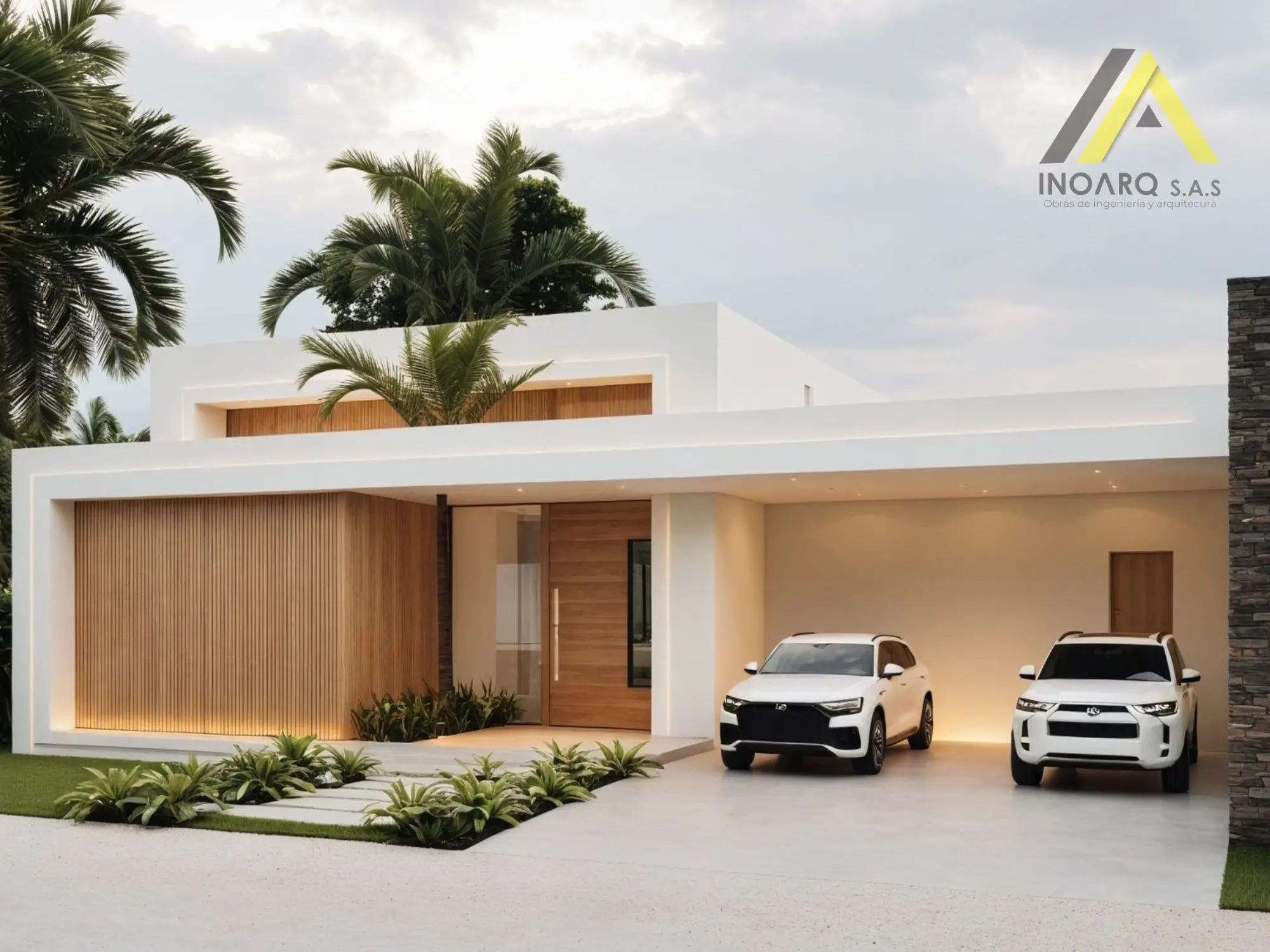 Fachada de la casa campestre con piscina y zona de parqueo