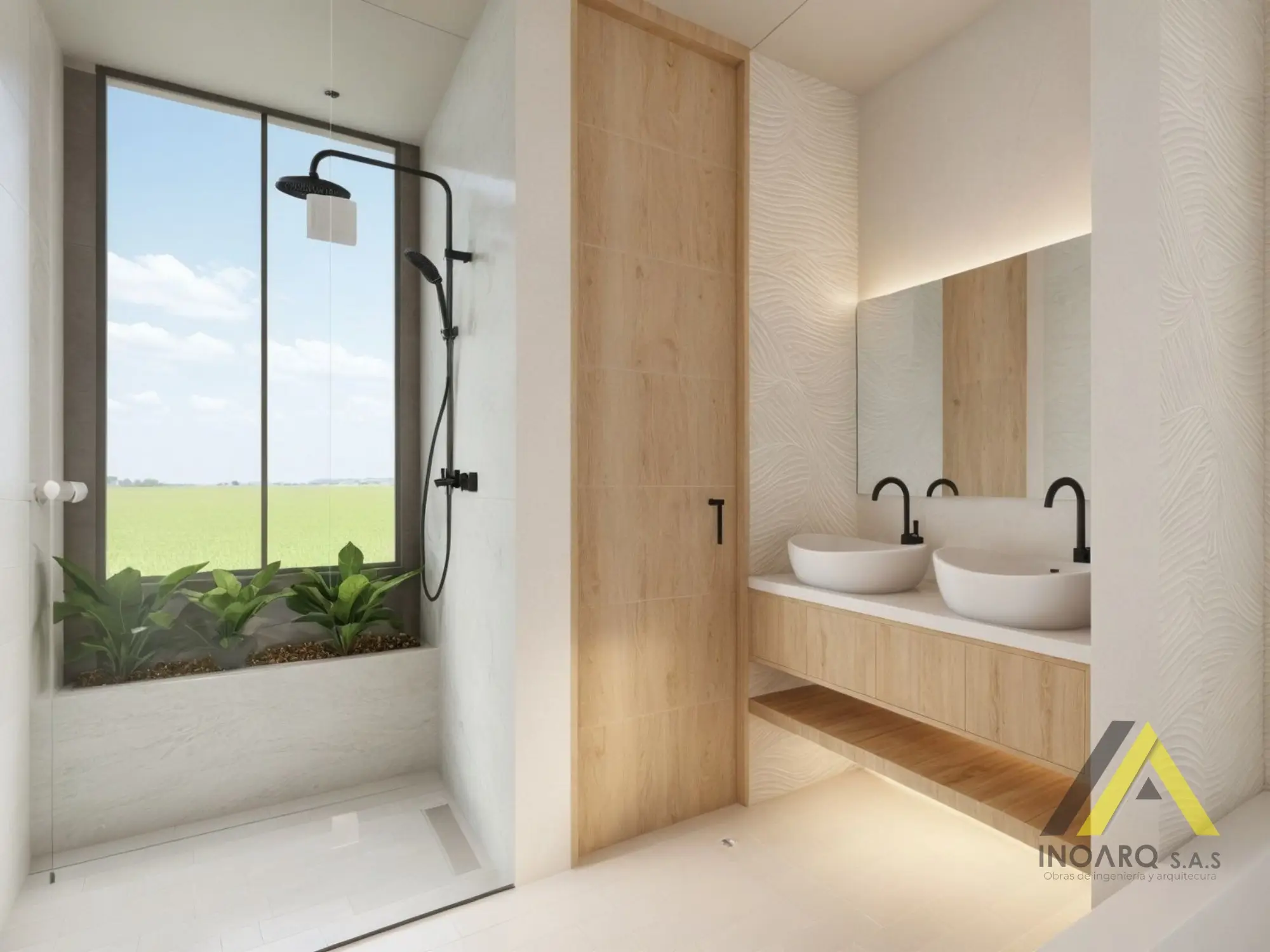 Baño con doble lavamanos y espejo iluminado