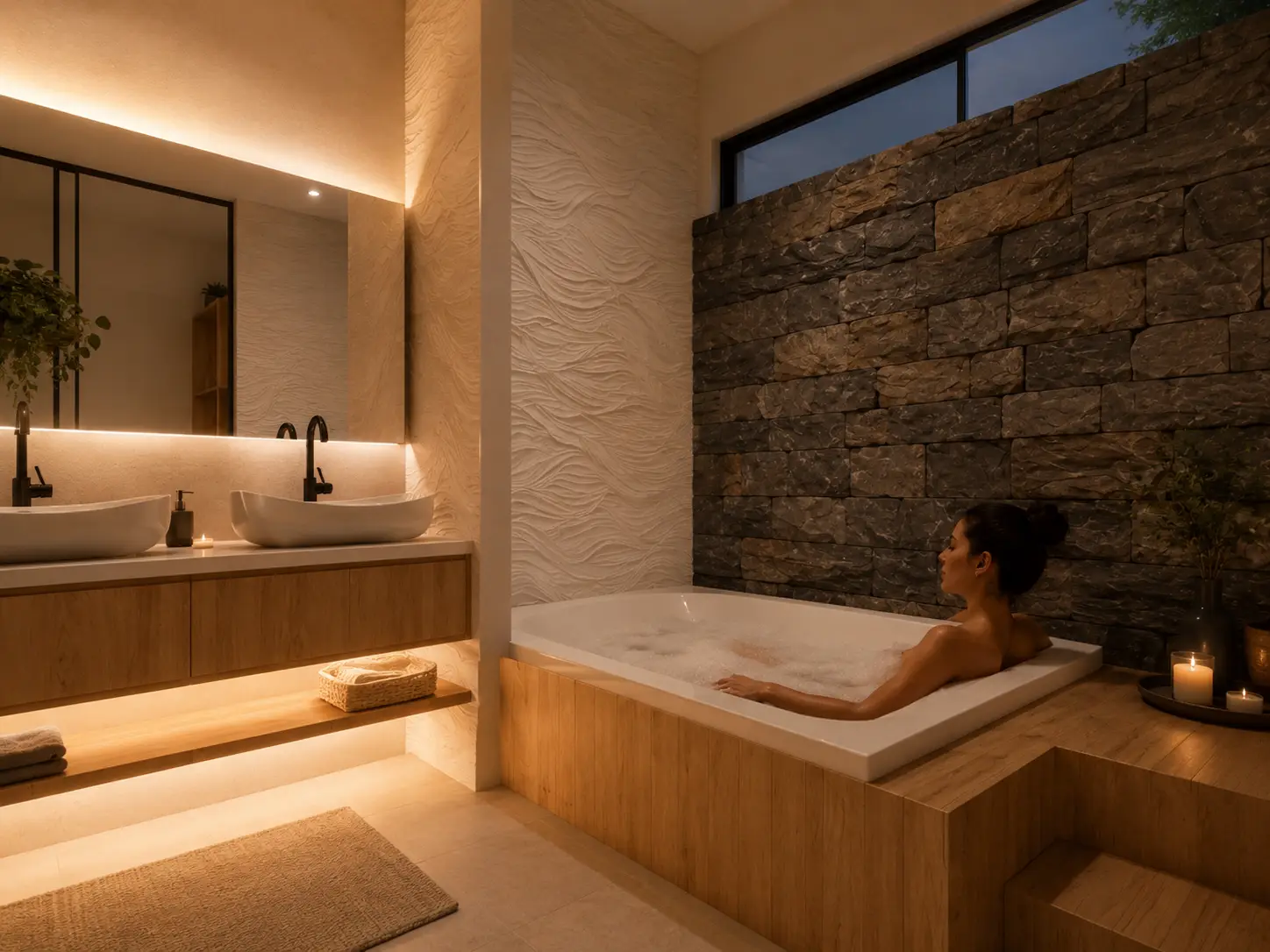 Baño principal con tina revestida en madera