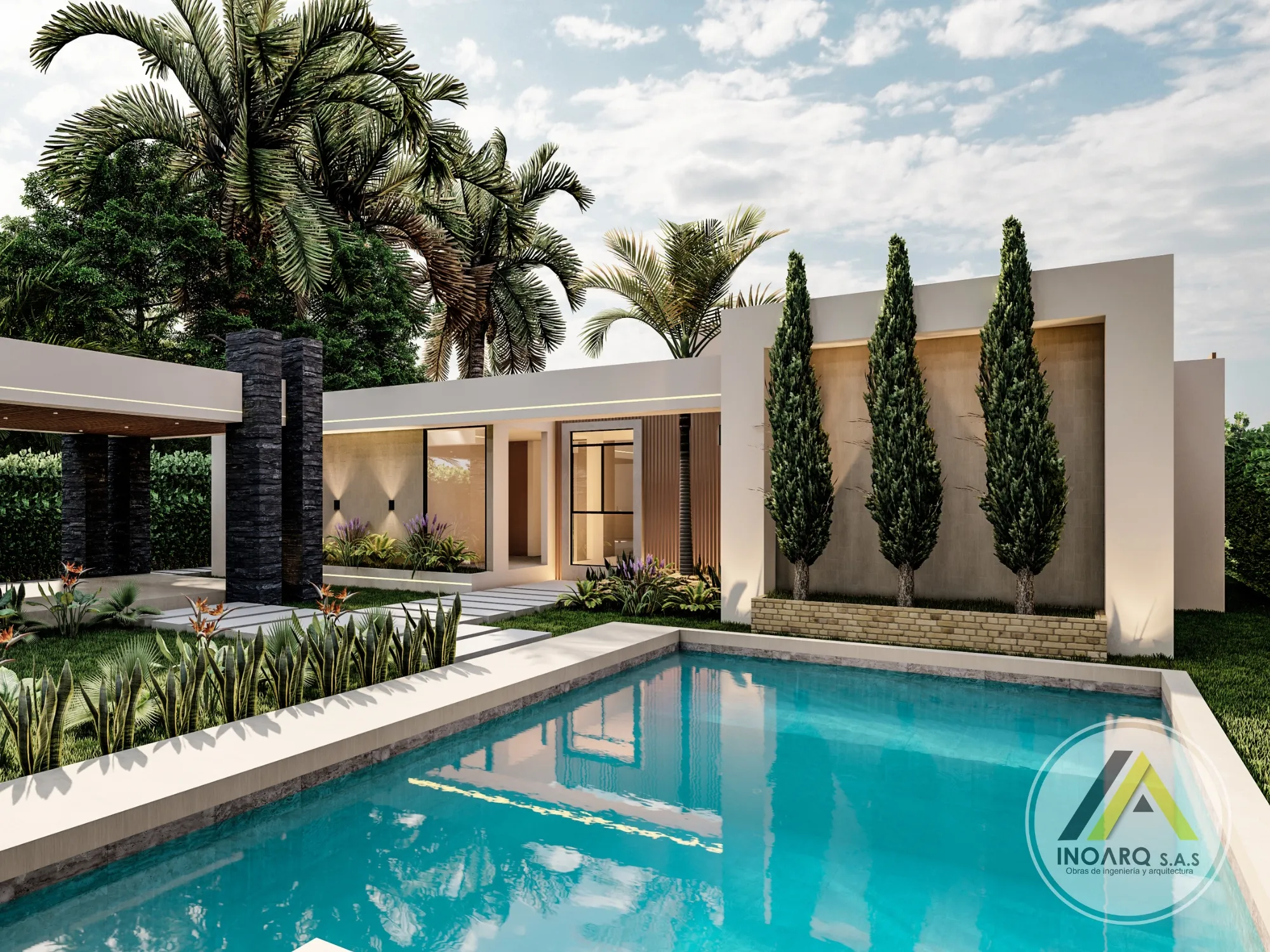 Piscina y jardín de una casa campestre construida por INOARQ en el Meta