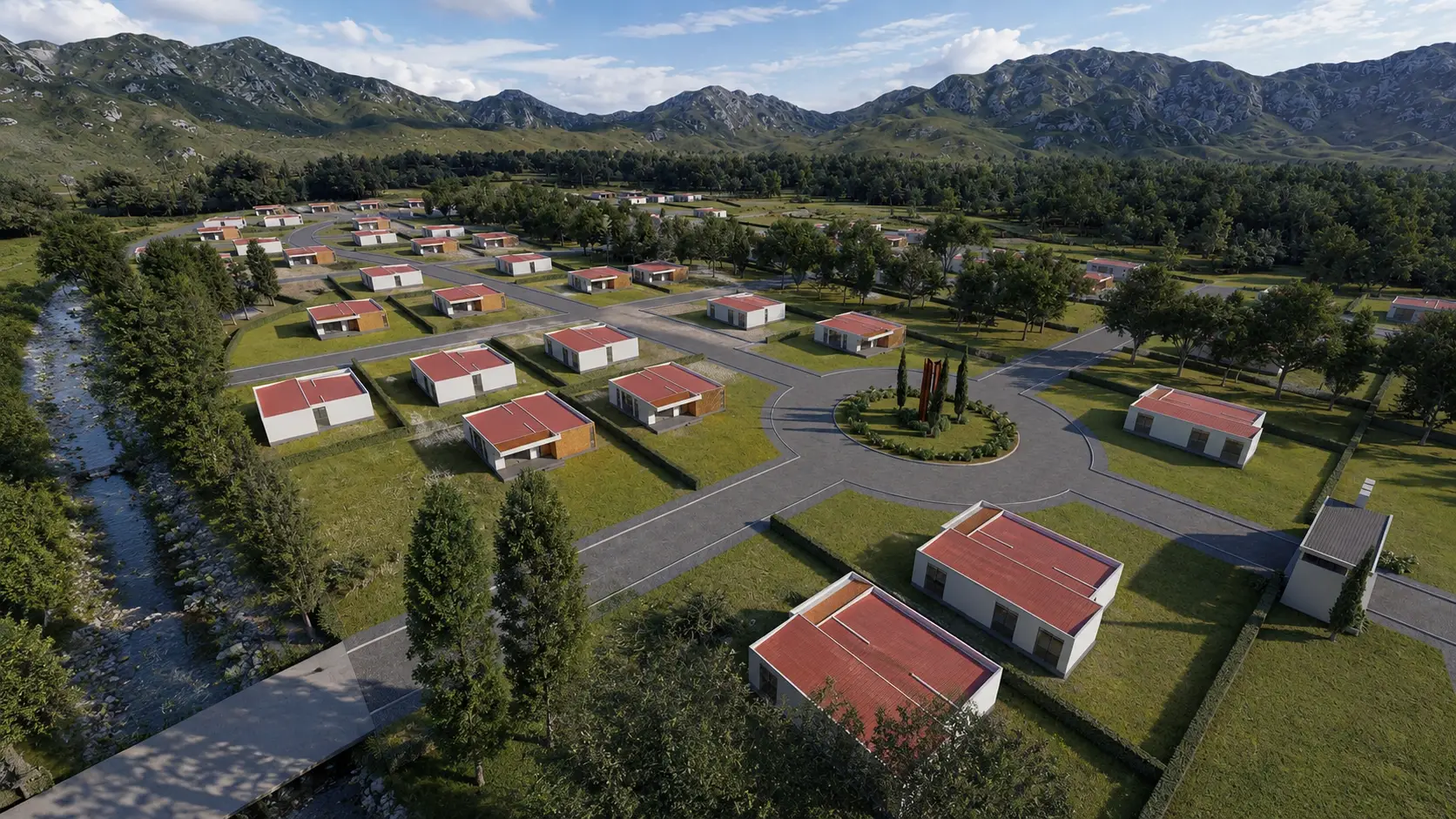 Vista aérea de la parcelación con lotes y vías construidas