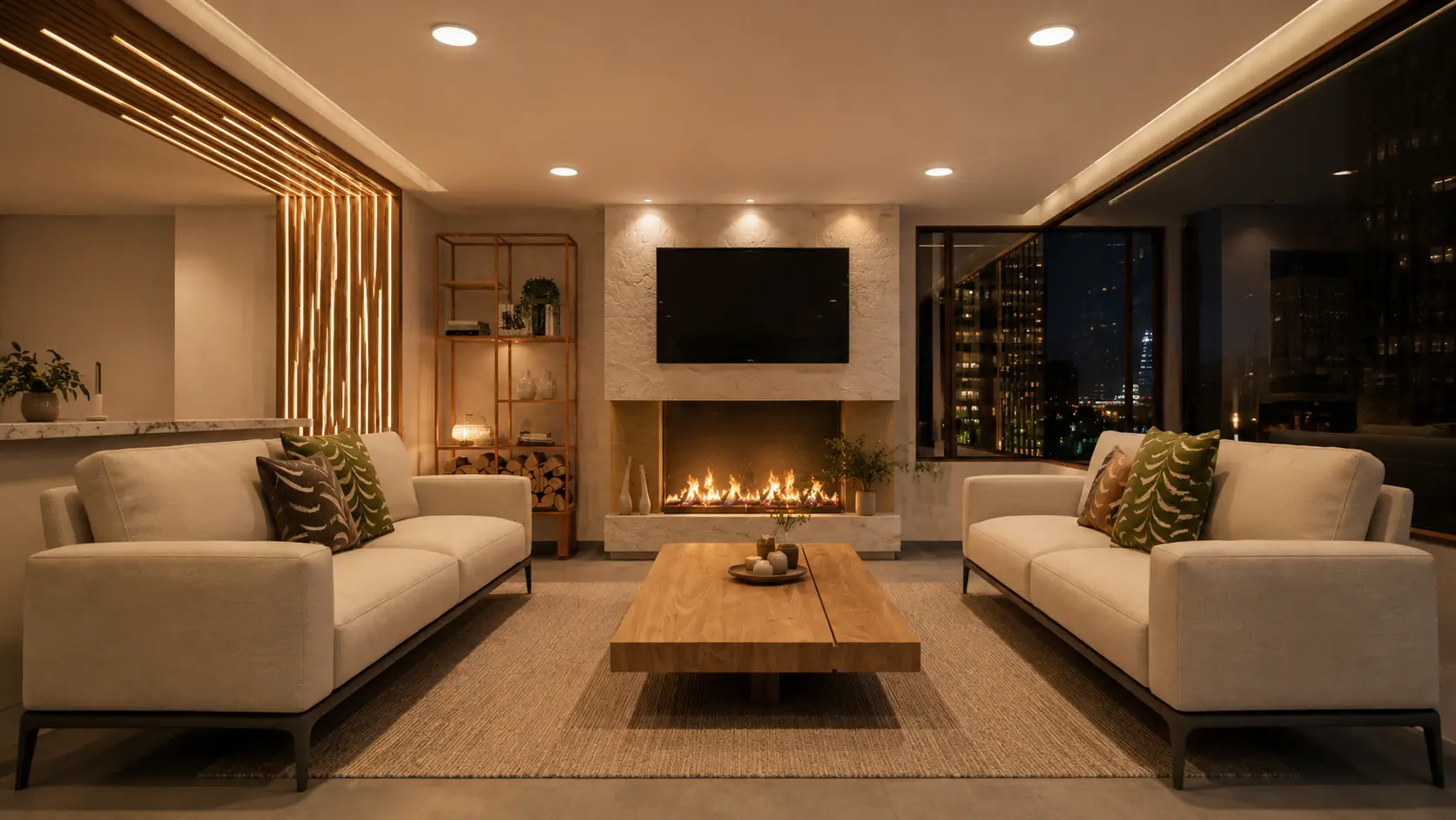 Sala con televisor integrado y muro en madera