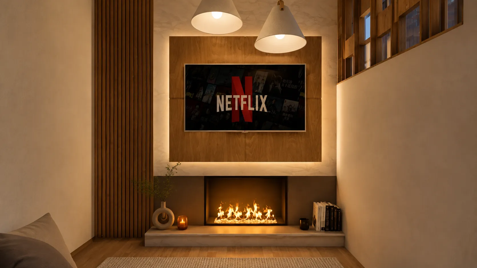 Sala principal con chimenea y muro revestido en madera