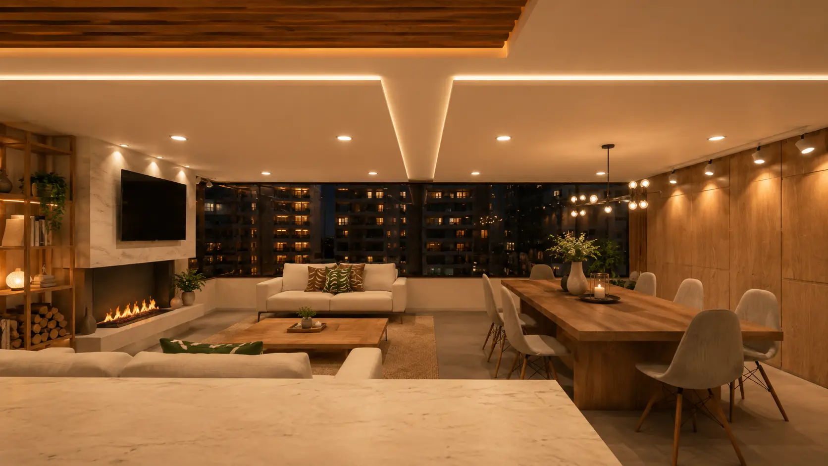 Bar y biblioteca del penthouse en tonos oscuros