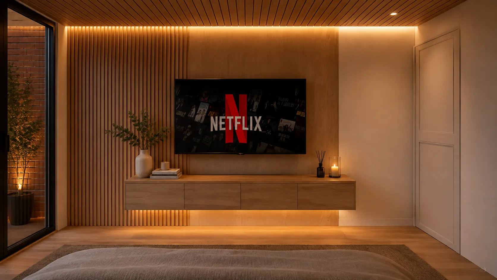 Muro de televisor en listones de madera con iluminación indirecta