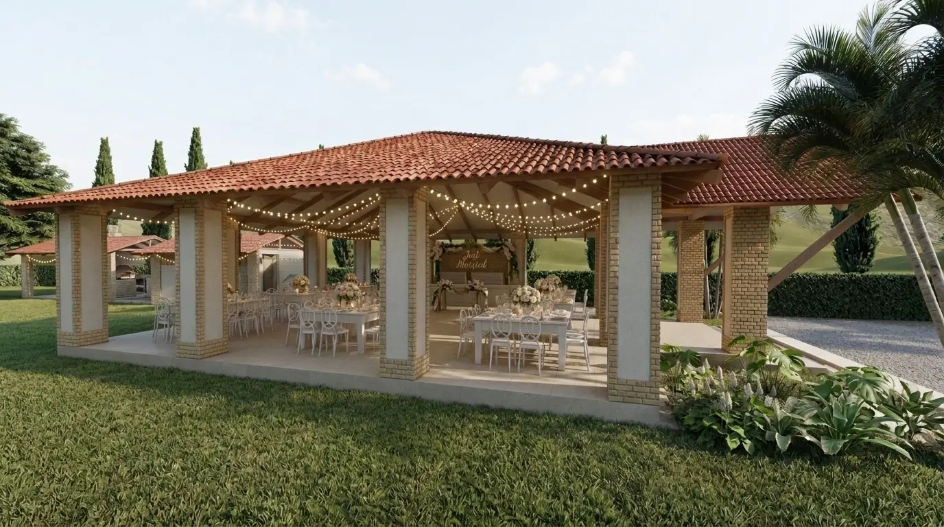 Casa campestre con cubierta en teja de barro y corredor perimetral