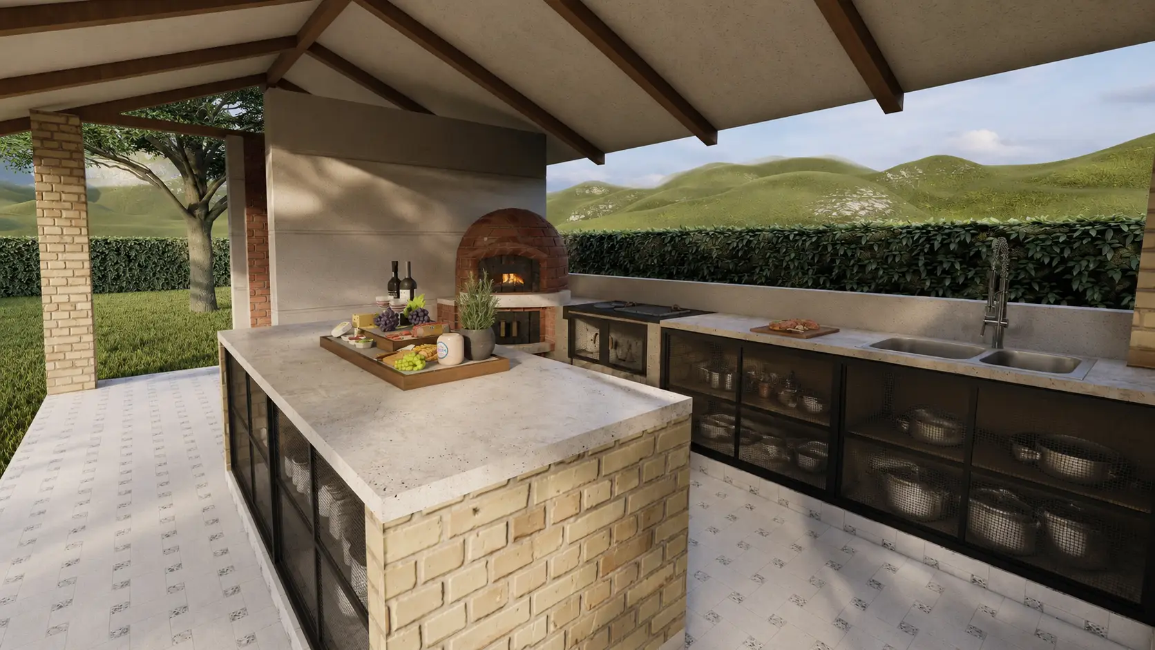 Cocina exterior y zona de asados del condominio Villa Roma