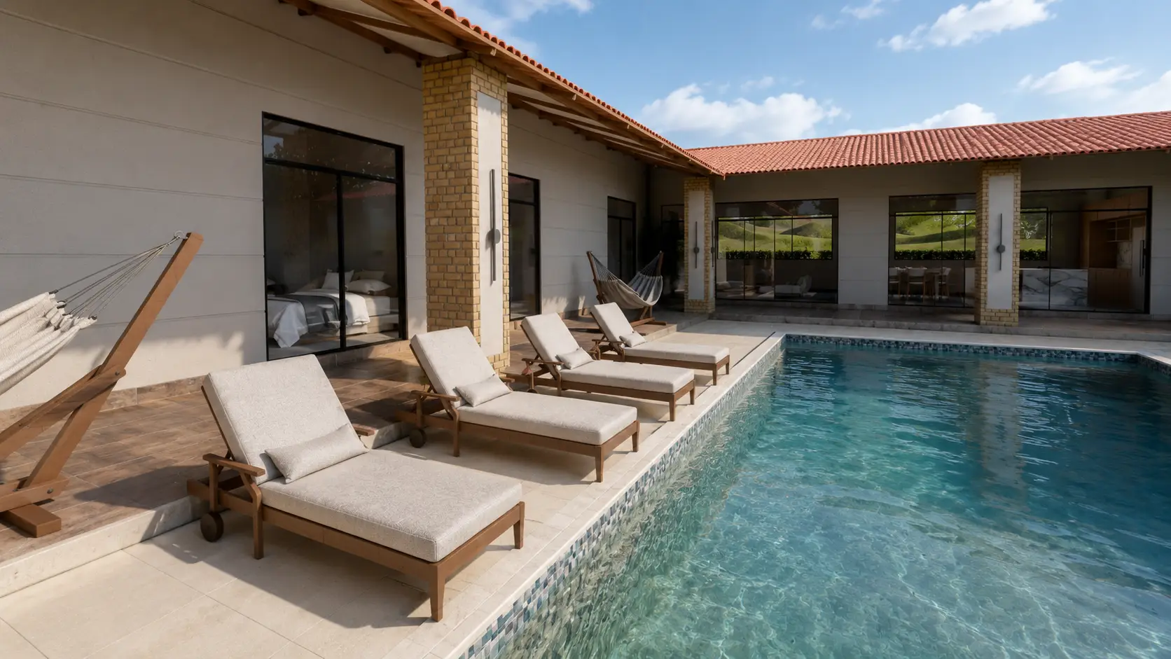 Piscina con asoleadoras y jardín tropical