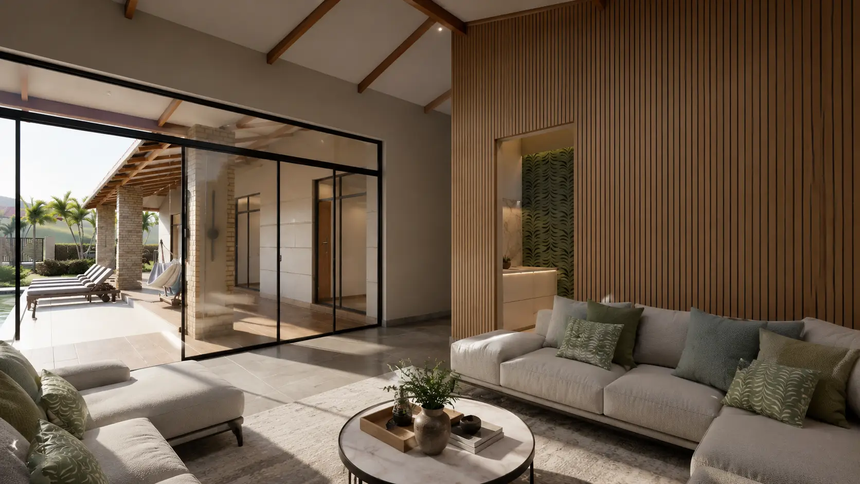 Sala de doble altura con estructura y cielo raso en madera
