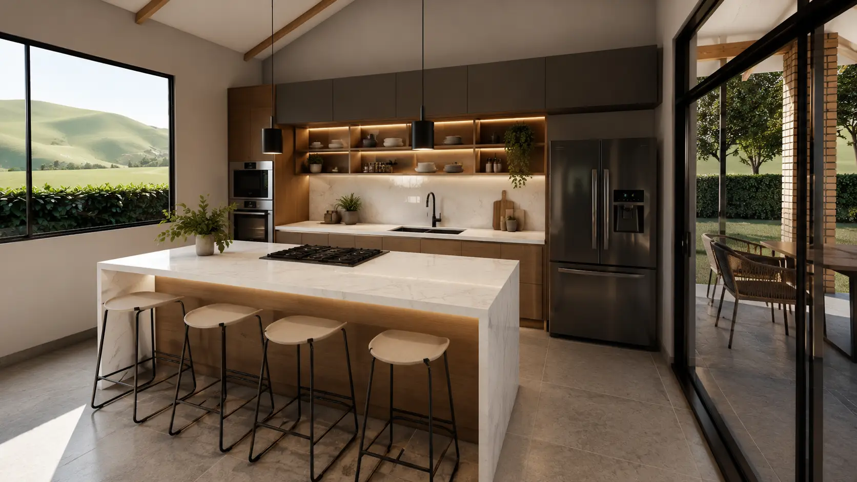Cocina con isla central y electrodomésticos empotrados