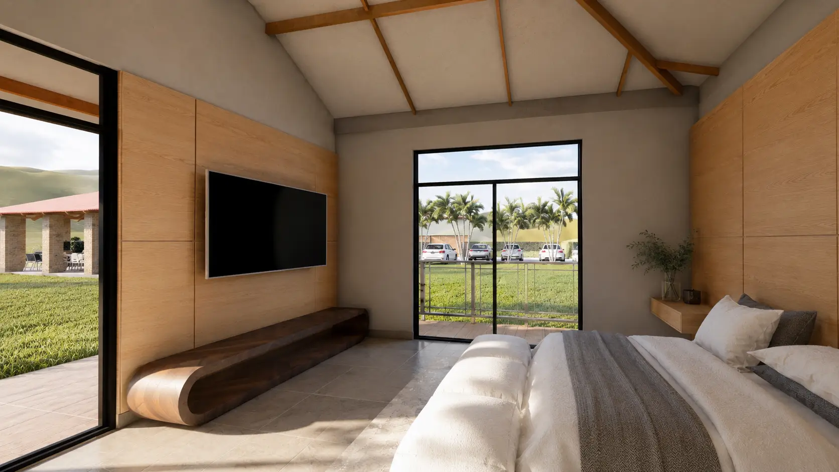Estar interior con ventanal hacia el paisaje llanero