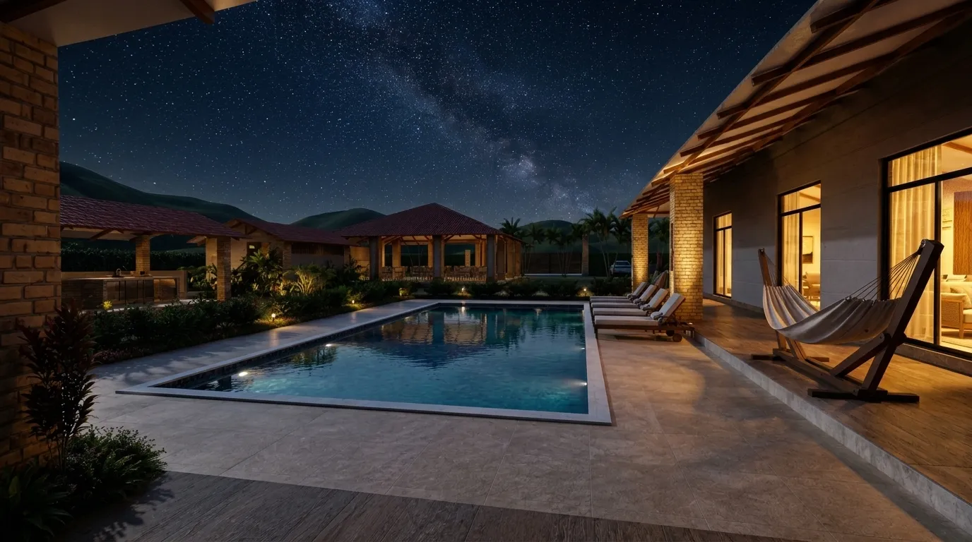 Piscina y casa principal de Villa Roma al atardecer